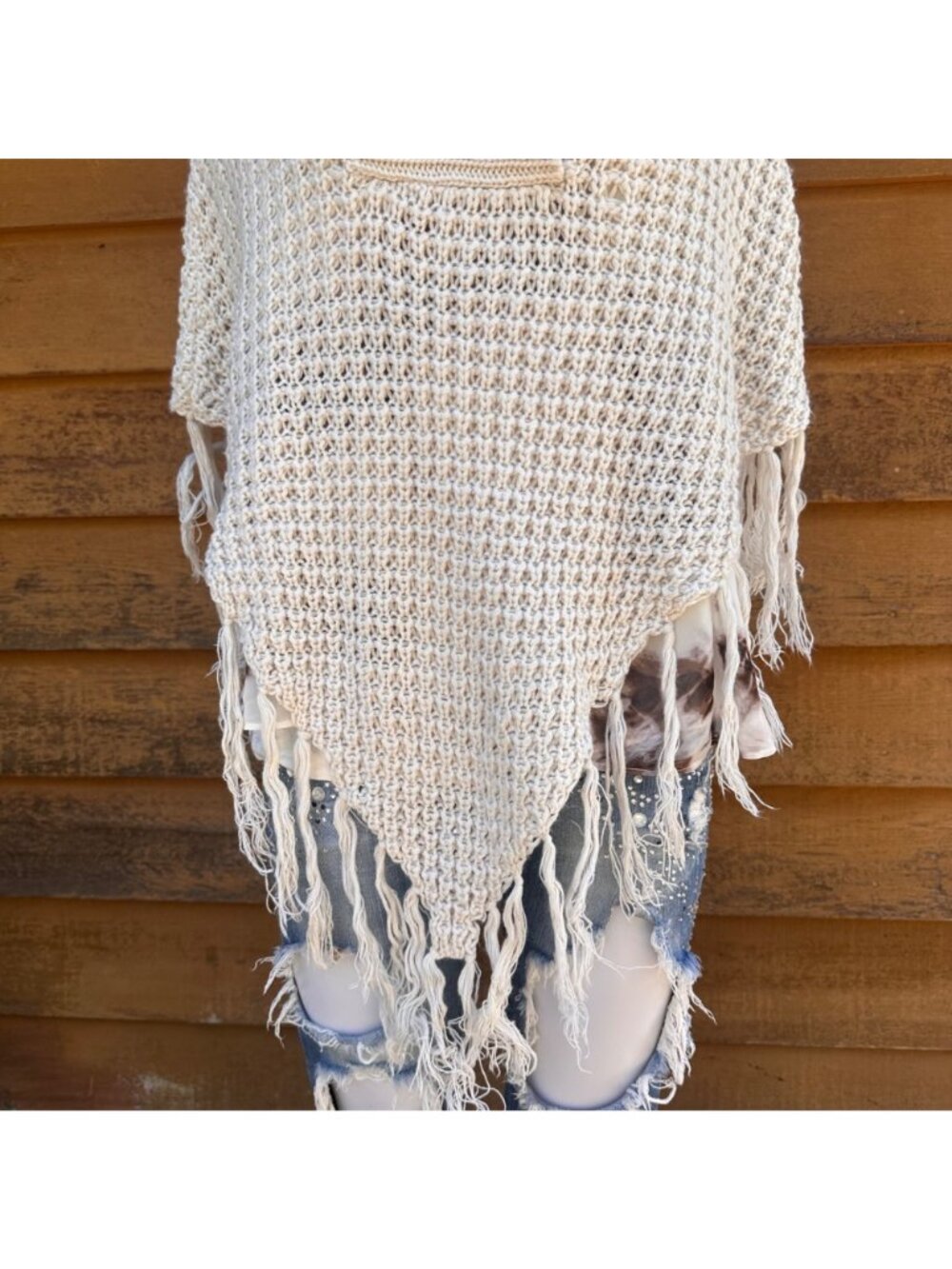 Say What Y2K Beige Woven Acrylic Fringe Poncho Button Collar Open Knit Design - Picture 5 of 8
